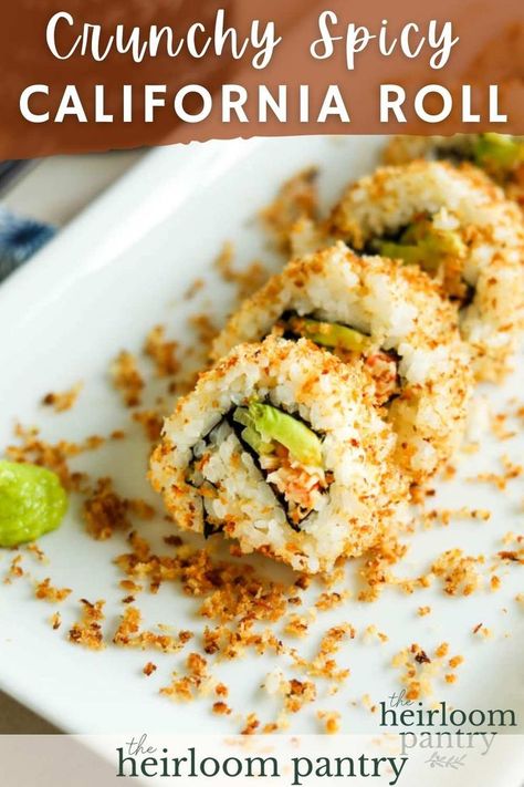 Closeup shot of crunchy spicy California roll with avocado, cucumber, spicy mayo, kani, crispy panko crust, and wasabi. Sushi Recipes California Roll, Crunchy Roll Sushi, California Roll Recipes, Spicy Crab Roll, Spicy California Roll, California Maki, Crab Sushi, Sashimi Recipe, California Roll Sushi