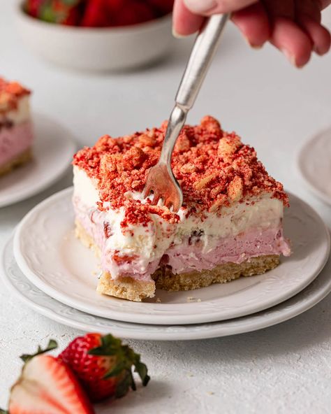 Strawberry Shortcake Ice Cream Bars Diy Strawberry Shortcake, Strawberry Shortcake Ice Cream Cake, Strawberry Shortcake Ice Cream Bars, Shortbread Cookie Crust, Homemade Strawberry Shortcake, Strawberry Shortcake Ice Cream, Strawberry Shortcake Cake, Cookie Cookbook, Ice Cream Bars