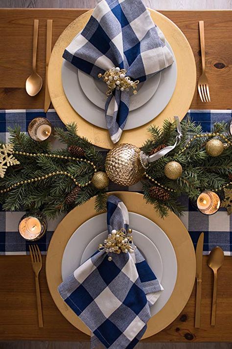 Blue Christmas Decor, Kitchen Textiles, Christmas Blue, Gold Christmas Decorations, Linen Collection, White Christmas Decor, Christmas Dining, Christmas Tablescapes, Christmas Table Settings