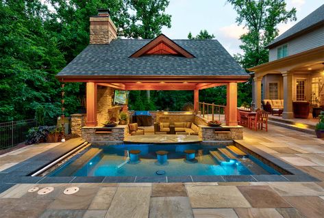 Sometimes it’s the smallest projects that make the biggest waves. Such is the case with a “modest” spa designed by Aquavisions for a client in Linglestown, Pennsylvania that is racking up top industry awards. The owners, Outdoor Living Patios, Pool House Designs, Pool And Hot Tub, Small Pool Design, Backyard Pavilion, Luxury Pools, Backyard Pool Designs, Swimming Pools Backyard, Small Pool