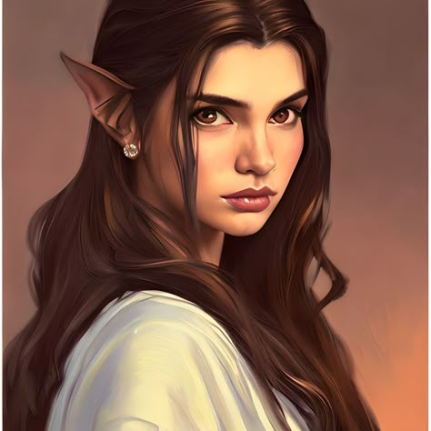 Brunette Elf Female, Beautiful Elf Female, Dark Haired Elf, Elf Brown Hair, Dnd High Elf Female, Fantasy Elf Aesthetic, Black Haired Elf, Elf Princess Art, Dnd High Elf