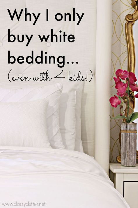 Why I only buy white bedding and why you should too! Plus my tips on keeping it looking new! - www.classyclutter.net #oxiclean #ad Cottage Style Bedroom, White Bedspreads, Guest Bedroom Design, White Bed, White Comforter, White Sheets, White Curtains, White Bedroom, Cool Beds