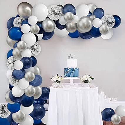 Blue Silver Balloons, 12 Balloons, Garland Making, Balloons White, Silver Party Decorations, Silver Balloons, How To Make Garland, Silver Confetti, Small Balloons