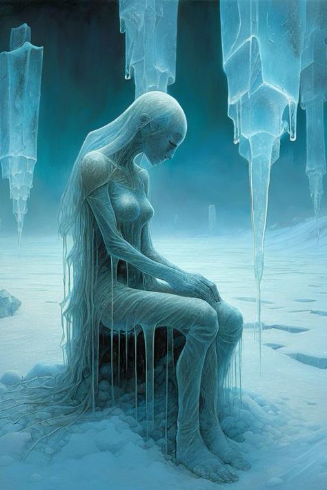 By Beksinski, Peter Gric, "And I wonder if you know How it really feels, To be left outside alone When it's cold out here"; female figure in torn clothes made of transparent bioluminescent ice blocks kneeling in a cold and frozen winter landscape, translucent icicles, hyper-detailed, intricate 4K 3D, surreal, vibrant white and blue colours, pale sun, by Michal Karcz and Igor Morski, HDR, sharp focus, crisp quality https://apps.apple.com/us/app/genzart-ai-art-generator/id1669915100 Frozen In Ice Art, Ice Artwork, Ice Magic Art, Ice Oc, Ice Drawing, Ice Witch, Ice Monster, Ice Powers, Ice Magic