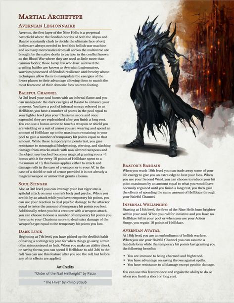 Martial Archetype: Avernian Legionnaire - Raise hell with this fiendish themed fighter subclass : UnearthedArcana Fighter Subclass 5e, Martial Archetype, Dnd Fighter, Dnd Subclasses, Eldritch Knight, D D Classes, Dnd Races, Dnd Classes, D D Character Ideas