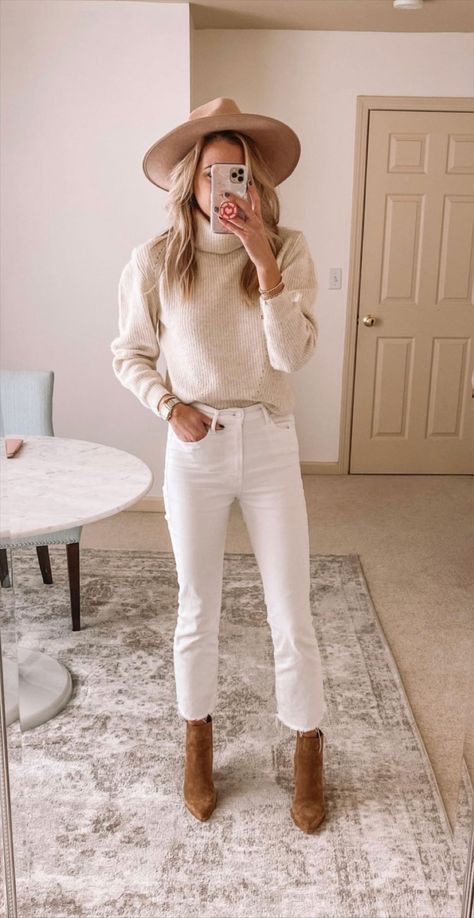 Rib Crop Turtleneck Sweater curated on LTK White Jeans Outfit Fall, Flare Jeans Fall, White Jeans Outfit Winter, White Jeans Fall, Napa Outfit, Crop Turtleneck Sweater, Cropped Sweater Outfit, Cropped Pants Outfit, Turtleneck Sweater Outfit