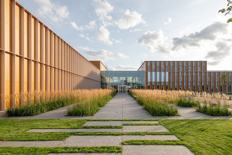 Moving the Head Quarters for a corporation to an outlying district is a very bold move, even if the mentioned enterprise is in agriculture service. The biggest challenge was to create a certain environment that would invite and attract customers, guests, and employees to the building even in the middle of the countryside. Agricultural Buildings, Building Front, Garden Canopy, Factory Building, Industrial Architecture, Park Landscape, Industrial Park, Factory Design, Parking Design