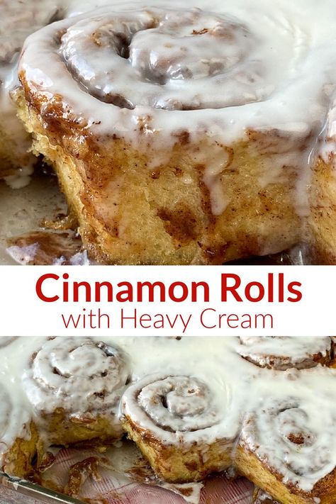 Collage of cinnamon rolls from a can with heavy cream and other ingredients added and dripping with icing. Cinnamon Roll Hacks Canned Heavy Cream, Cinnamon Roll Casserole With Heavy Cream, Canned Cinnamon Rolls With Heavy Cream, Cimmanon Rolls, Heavy Cream Cinnamon Rolls, Cinnamon Rolls Recipe Easy, Recipe With Heavy Cream, Cinnamon Rolls With Heavy Cream, Pillsbury Cinnamon Roll Recipes