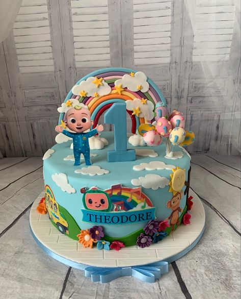 Cake Decorating Cocomelon, Blue Cocomelon Cake, Coconelon Boy Cake, Cocomelon Cake 1st Birthday, Kue Ultah Cocomelon, Cocomelon Cake For Boys, Kue Cocomelon, Cocomelon Cake Ideas For Boy, Cocomelon Fondant Cake