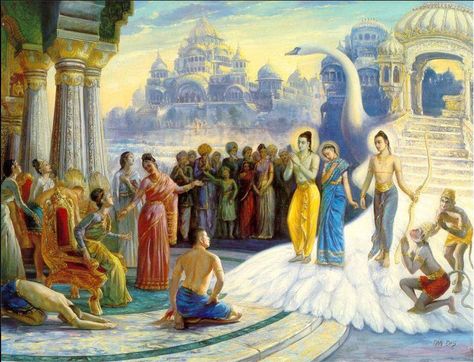 When Lord Ram killed demon king Ravana, the kingdom of Lanka was in his hands.His younger brother Lakshman even wanted to stay there,but what Ram said to him has become one of the most famous quotes.He said- "Mother and Motherland are greater than heaven".So Rama with his army returned to Ayodhya. The people of Ayodhya were filled with unbounded joy.They lighted nad decorated their homes, made delicious foods.It is said from then onwards every year on that day Diwali celebrated. History Of Diwali, Sita Ram, Lord Rama Images, Sri Rama, Lord Shiva Hd Wallpaper, Hindu Mythology, Diwali Festival, Ancient India, God Pictures