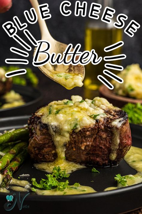 Blue Cheese Butter is a compound butter made with garlic, blue cheese, and herbs that is perfect for steaks, veggies, or even just spreading on bread. It will give any dish an extraordinary flavor. Blue Cheese Compound Butter For Steak, Blue Cheese Butter For Steak, Cheese Sauce For Steak, Blue Cheese Butter, Steak With Blue Cheese, Compound Butter Recipe, Blue Cheese Recipes, Homemade Garlic Butter, Nourishing Recipes