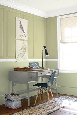 Look at the paint colour combination I created with Benjamin Moore. Via @benjamin_moore. Upper Wall: Lewiville Green 494; Lower Wall: Urban Nature AF-440; Trim: White OC-151; Ceiling: Steam AF-15. Neutral Gray Paint, Warm Grey Paint Colors, Warm Gray Paint, Blue Gray Paint Colors, Greige Paint Colors, Greige Paint, Color Combinations Paint, Blue Gray Paint, Popular Paint Colors