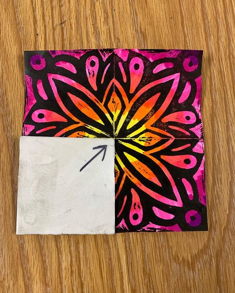 Abby Jones on Instagram: “I use Melissa and Doug Scratch Foam Board for elementary printmaking. To help with radial printmaking, I draw an arrow on the back of the…” Printmaking For Elementary Students, Sara Donnelly, Radial Printmaking, Elementary Printmaking, Square 1 Art, Foam Printing, Radial Symmetry, Printing Workshop, Printmaking Projects