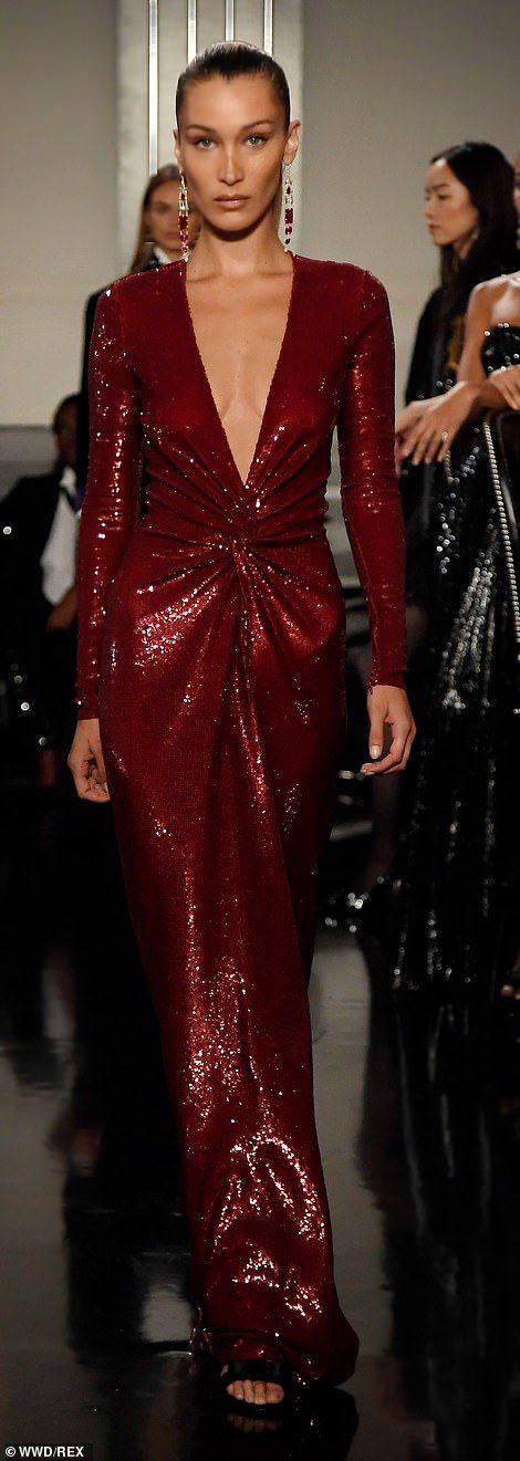 Bella Hadid flashes cleavage in plunging burgundy gown while sister Gigi covers up | Daily Mail Online Ralph Lauren Spring Summer, Burgundy Gown, Red Sequin Dress, Long Sequin Dress, Silver Sequin Dress, 1920s Dress, Sequin Gown, Red Sequin, Burgundy Dress