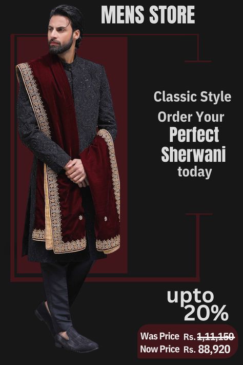 A man wearing a black embroidered sherwani with a dark maroon shawl, looking elegant and traditional. Embroidered Sherwani, Dark Maroon, Tuxedo Suit, Men Style Tips, Sherwani, Coat Pant, Coat Fashion, Order Now, Shawl