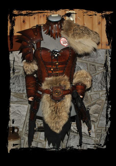 female leather armor barbarian front view by Lagueuse on deviantART Female Leather Armor, Fur Armor, Barbarian Costume, Warrior Fashion, Costume Viking, Viking Cosplay, Costume Armour, Viking Costume, Female Armor