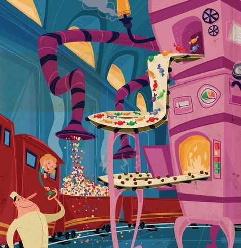 Candy Factory by Thomas Burns, via Behance Factory Illustration, Wonka Chocolate Factory, Cookie Factory, Hug Illustration, Sweet Factory, Wonka Chocolate, Graphic Portfolio, Candy Factory, Candy House