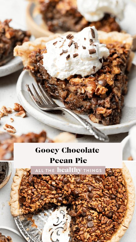 This Gooey Chocolate Pecan Pie is packed with plenty of fresh pecans, chocolate chips, and made entirely without corn syrup! This pie is so easy to make and is the perfect show stopping holiday dessert! Chocolate Chip Pecan Pie, Chocolate Chip Pie, Pecan Chocolate, Bakery Items, Chocolate Pecan Pie, Holiday Pies, Good Pie, Gluten Free Pie, Best Pie