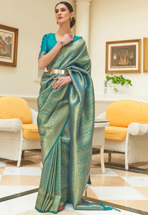 Woven Art Silk Saree in Teal Blue Green And Blue Saree, Red Sequin Saree, Saree Kanchipuram, Vs Image, Blue Silk Saree, Silk Saree Kanchipuram, Handloom Weaving, Teal Blue Color, Silk Saree Blouse