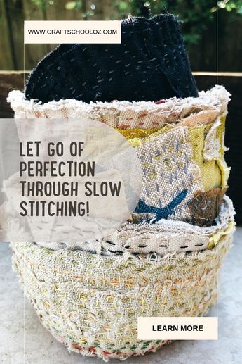 Let go of perfection in your creativity!  Read how to discover the magic in imperfection: slow stitching, your path to creativity freedom and enjoyment. 😌🌞🧵  #slowstitching #slowstitchingideas #handstitching #embroidery #boro #visiblemending How To Slow Stitch, Slow Stitching Tutorial, Slow Stitching Textile Art, Slow Stitching Ideas, Stitch Pots, Fabric Vessels, Lisa Mattock, Slow Stitching Projects, Sashiko Mending