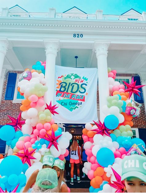 Bid Day Banner Ideas, Sorority Party Decorations, Adpi Bid Day Themes, Cute Bid Day Themes, Bid Day Themes 2023, New Bids On The Block Bid Day, Neon Bid Day, Paradise Theme Party, Sorority Date Party Themes