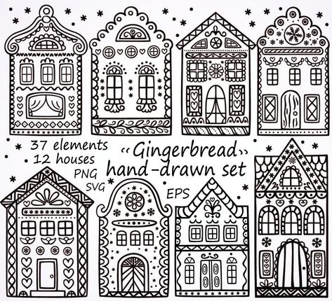 Vintage Christmas Village Illustration, Gingerbread Christmas Art, Gingerbread Houses Drawing, Gingerbread House Background, Gingerbread Drawings, Painted Gingerbread Houses, Christmas Doodles Easy, Christmas Doodle Art, Gingerbread House Drawing