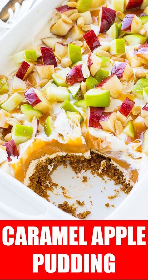 NO BAKE CARAMEL APPLE PUDDING - everyone LOVED this pudding! #recipes #easyrecipes #sidedish #nobake #thanksgivingrecipes #halloweenrecipes #caramelapple #apples #caramelrecipes #pudding #dessert Caramel Apple Pudding, Baked Caramel Apples, Apple Pudding, Apple Chips Baked, Baked Caramel, Caramel Pudding, Slow Cooker Desserts, Healthy Vegan Snacks, Caramel Recipes