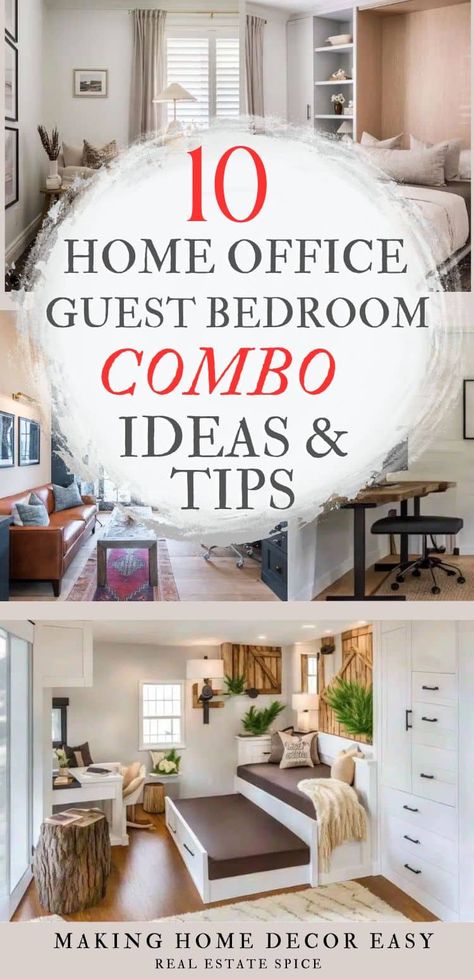 Be inspired by these guest room home office combo ideas. Here you'll find innovative ways to transform a room into a guest bedroom home office combo. Breathe new life into this hybrid room with these ideas and tips! #GuestBedroomOfficeCombo . . #GuestBedroomHomeOffice #GuestRoom #HomeOffice #GuestBedroomHomeOfficeCombo via @https://www.pinterest.com/realestatespice/_created/ Office Guest Bedroom Combo, Office Guest Room Combo Ideas, Home Office Guest Bedroom, Guest Bedroom Office Combo, Small Bedroom Office, Guest Room Combo, Bedroom Office Combo, Small Office Room, Guest Room Office Combo