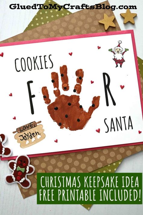 Handprint Cookies For Santa - Christmas Keepsake - Glued To My Crafts Cookie Handprint, Christmas Art Projects For Toddlers, Handprint Cookies, Christmas Projects For Toddlers, Christmas Handprints, Handprint Alphabet, Handprint Santa, Christmas Canvases, Santa Handprint