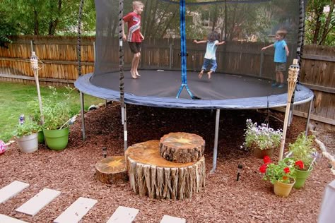 "C" is for Crafty: Tree Stump Trampoline Steps                                                                                                                                                     More Trampoline Steps, In Ground Trampoline, Large Backyard Landscaping, Patio Grande, Backyard Trees, Backyard Trampoline, Large Backyard, Backyard Playground, Have Inspiration