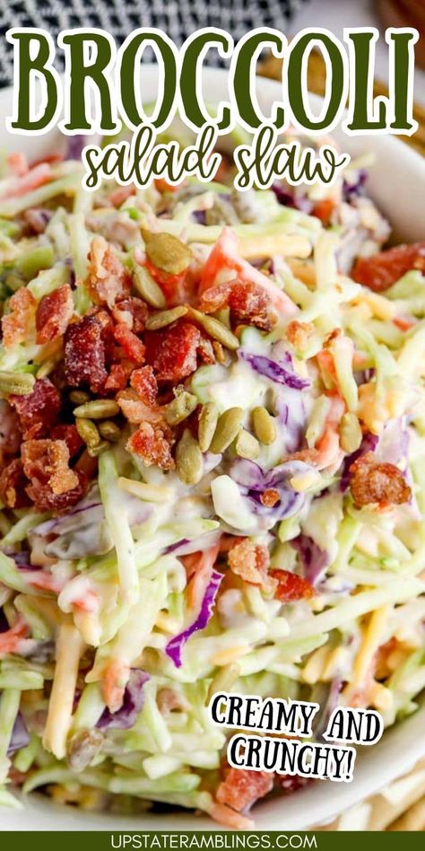 Revamp your BBQ game with this irresistible Creamy Broccoli Slaw! Crunchy veggies meet creamy dressing in a flavor explosion perfect for summer gatherings. Get ready to impress your guests with this easy-to-make crowd-pleaser! Creamy Broccoli Slaw, Slaw For Pulled Pork, Broccoli Slaw Dressing, Amish Potato Salads, Broccoli Slaw Salad, Broccoli Slaw Recipes, Best Coleslaw Recipe, Crunchy Broccoli, Crunchy Veggies