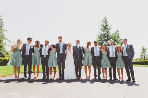 Green And Gray Wedding Party, Sage Green And Gray Wedding, Green And Gray Wedding, Gray Wedding Party, Charcoal Wedding, Groomsmen Grey, Grey Suit Wedding, Sage Green Dress, Wedding Party Outfits