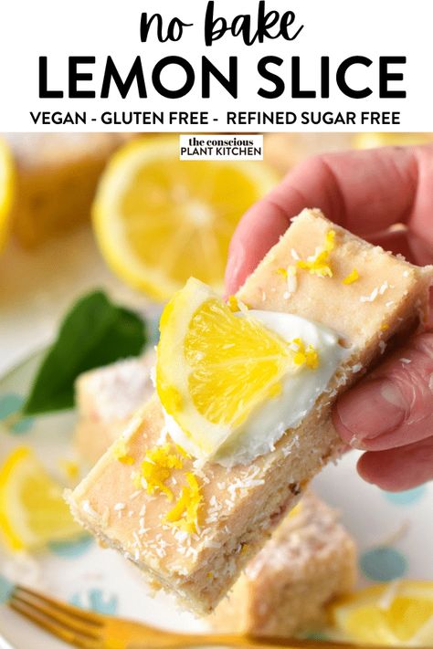 Healthy Lemon Slice, No Bake Slices Healthy, Sugar Free Lemon Desserts, Gluten Free Lemon Desserts, No Bake Lemon Slice, Lemon Desserts Healthy, No Baked, No Bake Slices, Duck Party