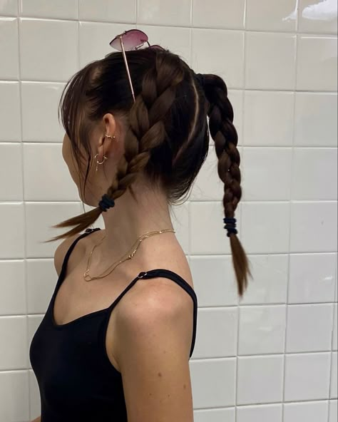 Hair Styles That Show Your Ears, Medium Hair Plaits, Medium Length Hair Pigtails, Messy Braid Pigtails, Pigtails For Medium Length Hair, Short Braided Pigtails, Hairstyles For Medium Length Hair Summer, Short Pigtail Braids, Summer Hairstyles Medium Length