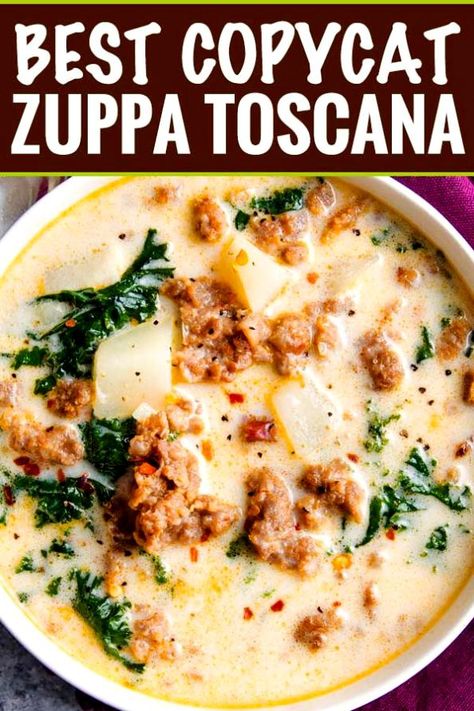 Classic zuppa toscana soup, in slow cooker form! It tastes WAY better than the restaurant version, and is sure to be a crowd pleaser! Crockpot Recipes Zuppa Toscana, Crock Pot Olive Garden Zuppa Toscana, Zuppa Toscana Soup Olive Garden Healthy, Zuppa Toscana Soup Pressure Cooker, Zuppa Toscana Soup Natasha's Kitchen, Zuppa Toscana Stovetop, Zupa Toscana Soup Olive Garden, Zoupa Toscana Olive Garden Instant Pot, Sausage Potato Soup Olive Garden