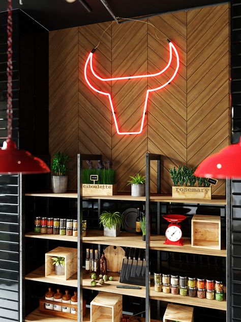 DELI MARKET on Behance Butcher Store, Neon Sign Home Decor, Carnicerias Ideas, Meat Store, Store Shelves Design, Bakery Design Interior, Meat Shop, Supermarket Design, Neon Signs Home