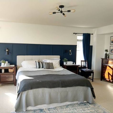 Blue wall, bedroom makeover Navy And Stone Bedroom, Navy Blue Wainscoting Bedroom, Half Blue Wall Bedroom, Navy Wood Panelling Bedroom, Blue And White Panelling Bedroom, Blue Panel Wall Bedroom, Blue Wainscoting Bedroom, Navy Panelling Bedroom, Navy Feature Wall Bedroom