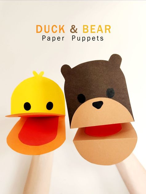 Are you looking for a fun craft to make with your children for Book Week? Our Bear and Duck paper puppets were inspired by one of this year’s CBCA, shortlisted Picture Books, “Bear and Duck are Friends,” written and illustrated by Sue deGennaro. These paper puppets are super simple to make and are lots of fun to play with. Download the free printable template, grab some scissors and colour paper and you’re ready to start creating! Duck Puppet Craft, Duck Crafts For Kids, Bear And Duck, Duck Paper, Duck Crafts, Bird Craft, Craft To Make, Library Themes, Puppets For Kids