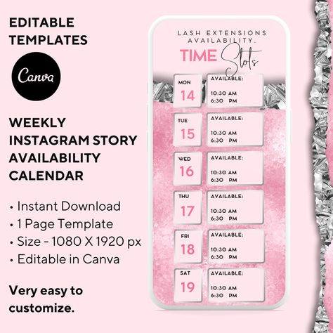 Booking Calendar, Calendar Book, Salon Owners, Weekly Schedule, Nail Technician, Beauty Expert, Beauty Business, Instagram Story Template, Story Instagram