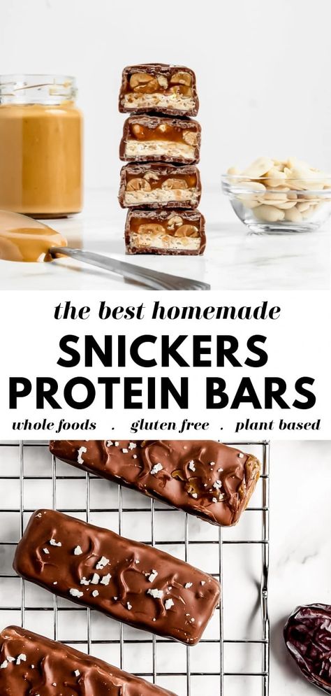 Try this recipe for a healthy homemade vegan protein packed snickers bar. These raw bars are so incredibly delicious and easy, and make a great healthy treat or snack (or post-workout option!). Protein Twix Bars, Healthy Snakes, Snickers Protein Bar, Protein Snickers, Healthy Snickers, Snickers Protein, Healthy Protein Bars, Protein Bars Homemade, Homemade Snickers