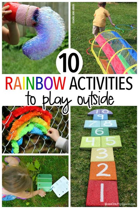 Rainbow themed outdoor activities for kids! Kids will love these colorful and fun ideas for backyard play that are all about rainbows - everything from rainbow bubbles to a rainbow obstacle course and more! Perfect for summer outdoor fun. Rainbow Party Games, All About Rainbows, August Activities, Playdate Ideas, Rainbow Games, Color Activity, Red Robins, Rainbow Activities, Ad Ideas