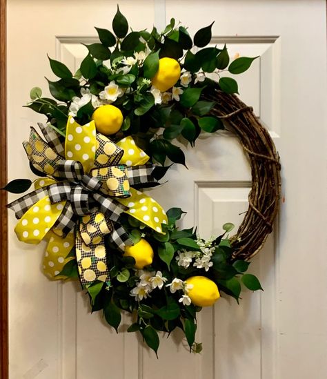 Spring Wreath Lemon Wreath Home Decor Door Decor Lemon | Etsy Lemon Wreaths For Front Door, Lemon Wreaths, Mediterranean Theme, Ribbon Wreaths, Fruit Wreath, Dried Wreath, Lemon Kitchen, Lemon Wreath, Lavender Wreath