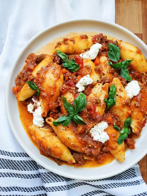 Ricotta Stuffed Shells with Beef Bolognese Bolognese Stuffed Shells, Beef Bolognese, Mapo Tofu Recipe, Ricotta Stuffed Shells, Shell Pasta, Stuffed Shells Ricotta, Jumbo Pasta Shells, Pasta Bolognese, Mapo Tofu