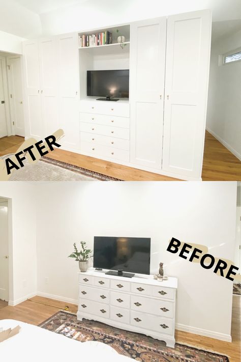 Ikea Wardrobe Hack With Tv, Ikea Drawer Built In, Ikea Wardrobe In Bedroom, Closet Built Ins Bedroom, Pax System Hack, Ikea Built In Bedroom Storage, Master Closet Cabinets, Custom Built Closet, Create A Closet Where There Is None