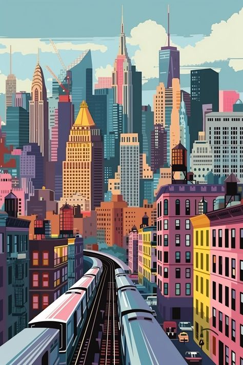 🎨💎Travel Wall Art with Midjourney Prompts - Click on the Link in my Bio🎉🔗 New York City Illustration, City Murals, Nyc Illustration, Book Boxes, City Cartoon, Cityscape Photography, Tall Buildings, City Scape, City Drawing