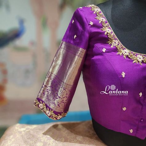 Elegance in Purple Embroidered perfection Purple blouse featuring intricate floral embroidery along the neckline &sleeves .Designed with Elegant tassels💜 @lantanaboutiquebangalore Marathahalli, Bangalore #fashion #purple #blousedesigns #embroiderydesign #neckline #sleeves #floralembroidery #tassels #bridalwarecollection #bridalembroidery #bridesofindia #bridesofinstagram #trending #new #posts #post #instapost #saree Purple Blouse Maggam Work, Trendy Front Neck Blouse Designs, Purple Blouse Designs For Saree, Aari Work Pattern, Purple Maggam Work Blouse, Purple Blouse Work Designs, Purple Blouse Designs, Birthday Saree, Bridal Maggam Work Blouses