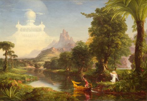 thomas cole, 1842 | oil on canvas | 134.3x194.9 | despite the huge success of his american views cole could never rid himself of the old belief in the supremacy of content in art | his four-part series the voyage of life, for example, traces the journey of an intrepid hero along the river of life, reaching his apotheosis as his battered vessel comes to rest in the sea | national gallery of art, washington dc Art Thomas, Hudson River School, History Painting, Rene Magritte, American Painting, National Gallery Of Art, Classical Art, Wassily Kandinsky, Art Movement