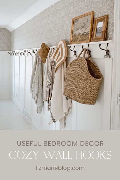 Useful bedroom decor with cozy vintage wall hooks. Bedroom Hooks Ideas, Guest Room Wall Hooks, Shelf With Hooks Bedroom, Hooks Bedroom Wall, Closet Wall Hook Ideas, Bedroom Hooks On Wall For Clothes, Hooks On Wall Bedroom, Hook Decorating Ideas, Hook Wall Ideas