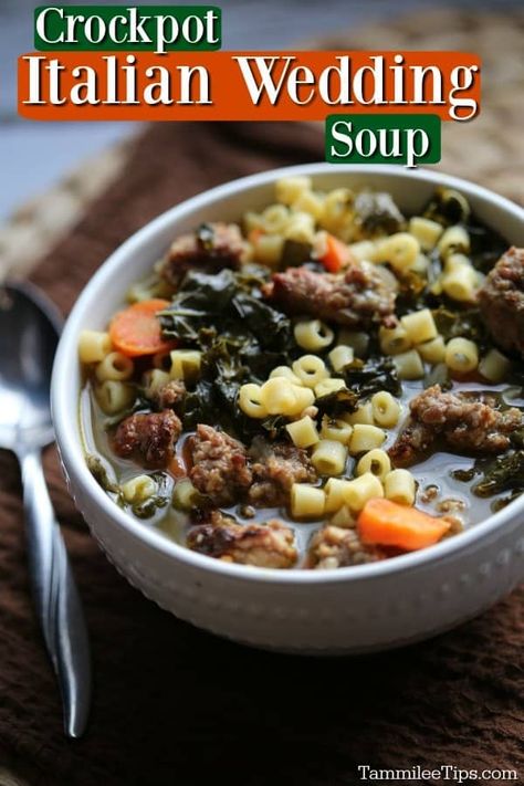 Easy slow cooker crockpot Italian Sausage Wedding Soup recipe that is the perfect comfort food for a winter night. Perfect for family dinners! Crock Pot Italian Sausage, Crockpot Italian Wedding Soup, Crockpot Italian Sausage, Wedding Soup Recipe, Creamy Tomato Soup Recipe, Crockpot Italian, Italian Wedding Soup Recipe, Sausage Crockpot, Hearty Soup Recipes