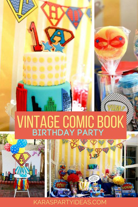 Vintage Superhero Party, Comic Book Birthday Party, Book Themed Party Decorations, Comic Book Party, Book Birthday Parties, Comic Party, Book Themed Party, Birthday 10, Party Like Its 1999